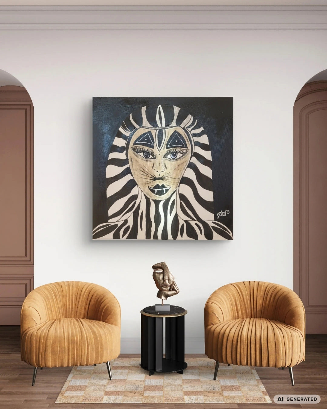 Expressives Acrylporträt „Machtvolles Antlitz“ von Sandra Conrad mit abstrahierten menschlichen und animalischen Formen in Pink, Türkis, Orange, Schwarz und Weiß.