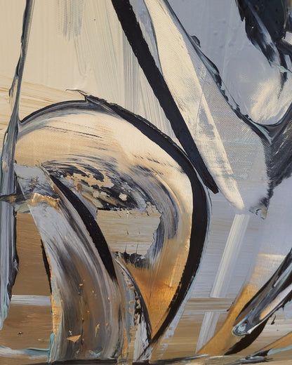 Abstrakte Acrylmalerei „Metamorphose“ von Sandra Conrad mit geschwungenen Formen in Schwarz, Grau, Türkis sowie warmen Gold- und Erdtönen.