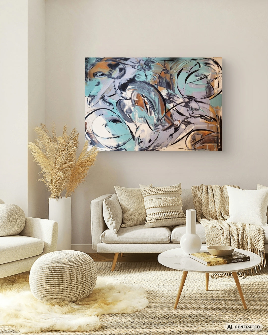 Abstrakte Acrylmalerei „Metamorphose“ von Sandra Conrad mit geschwungenen Formen in Schwarz, Grau, Türkis sowie warmen Gold- und Erdtönen.