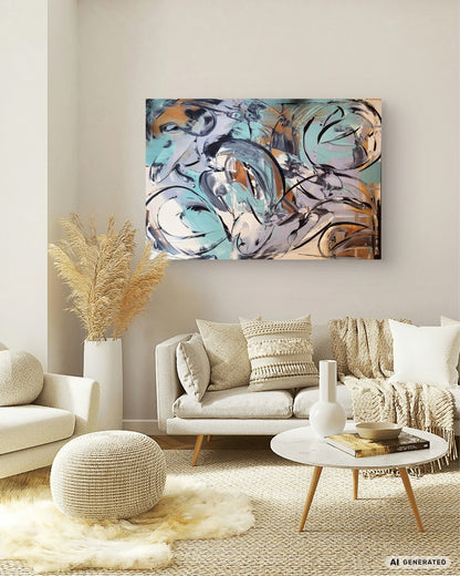 Abstrakte Acrylmalerei „Metamorphose“ von Sandra Conrad mit geschwungenen Formen in Schwarz, Grau, Türkis sowie warmen Gold- und Erdtönen.