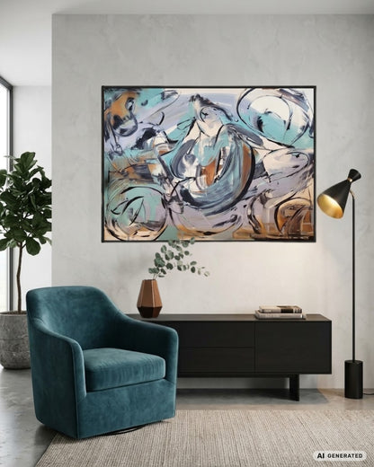 Abstrakte Acrylmalerei „Metamorphose“ von Sandra Conrad mit geschwungenen Formen in Schwarz, Grau, Türkis sowie warmen Gold- und Erdtönen.