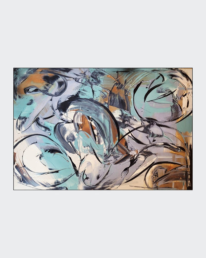 Abstrakte Acrylmalerei „Metamorphose“ von Sandra Conrad mit geschwungenen Formen in Schwarz, Grau, Türkis sowie warmen Gold- und Erdtönen.