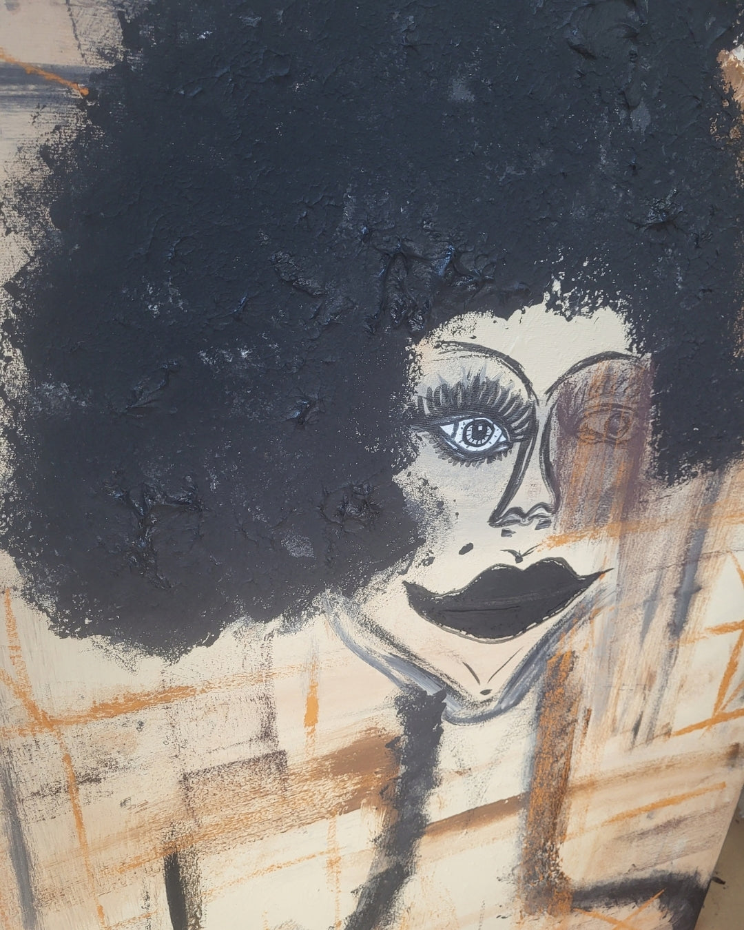 Expressiv-figurative Acrylmalerei „My Place in the World“ von Sandra Conrad mit abstrahiertem Gesicht, Strukturpaste und erdigen Braun-, Ocker-, Schwarz- und Weißtönen.