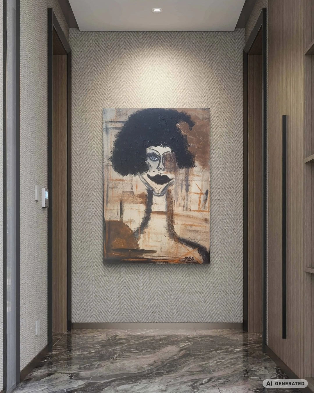 Expressiv-figurative Acrylmalerei „My Place in the World“ von Sandra Conrad mit abstrahiertem Gesicht, Strukturpaste und erdigen Braun-, Ocker-, Schwarz- und Weißtönen.