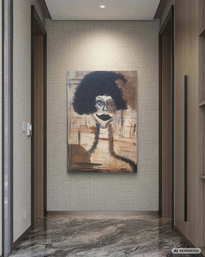 Expressiv-figurative Acrylmalerei „My Place in the World“ von Sandra Conrad mit abstrahiertem Gesicht, Strukturpaste und erdigen Braun-, Ocker-, Schwarz- und Weißtönen.