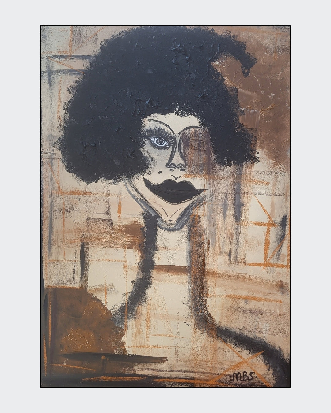 Expressiv-figurative Acrylmalerei „My Place in the World“ von Sandra Conrad mit abstrahiertem Gesicht, Strukturpaste und erdigen Braun-, Ocker-, Schwarz- und Weißtönen.
