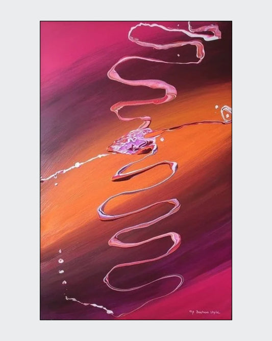 Großformatiges, vertikales Acrylgemälde "Nature" von Sandra Conrad, dominiert von fließenden Streifen in warmen Orange-, Braun- und Violetttönen. Dicke, pastose, weiße und rosafarbene Linien winden sich in Schlangenform vertikal über die Oberfläche.