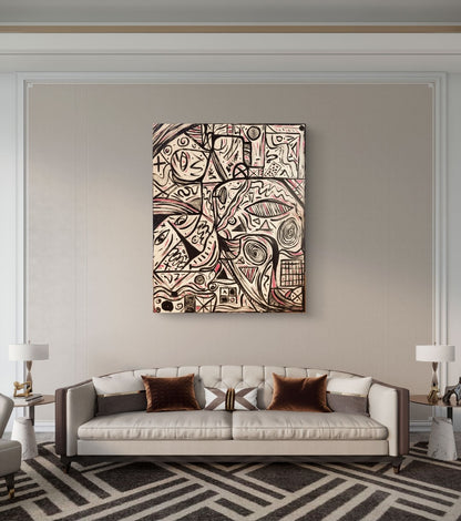 Abstraktes Acrylgemälde von Sandra Conrad im Hochformat mit schwarzen grafischen Linien, stilisierten Gesichtern, Symbolen und zarten roséfarbenen Akzenten auf hellem Hintergrund, Acryl auf Leinwand, 100 x 80 cm, ungerahmt.