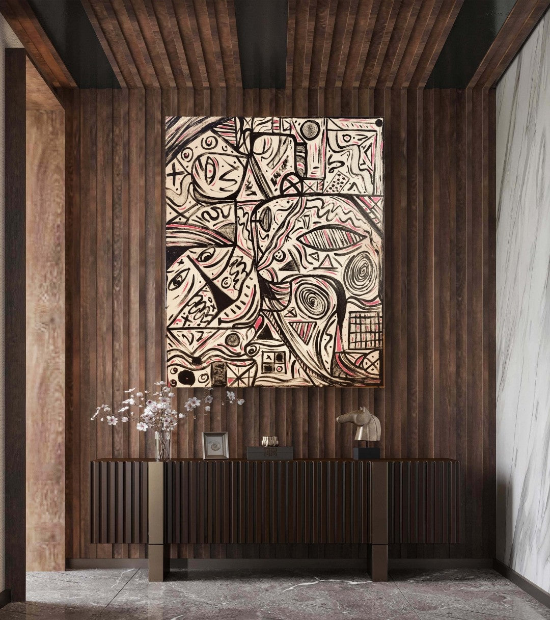 Abstraktes Acrylgemälde von Sandra Conrad im Hochformat mit schwarzen grafischen Linien, stilisierten Gesichtern, Symbolen und zarten roséfarbenen Akzenten auf hellem Hintergrund, Acryl auf Leinwand, 100 x 80 cm, ungerahmt.