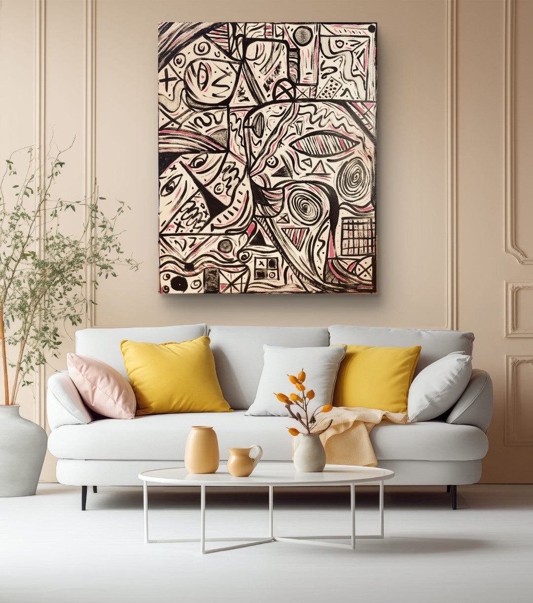 Abstraktes Acrylgemälde von Sandra Conrad im Hochformat mit schwarzen grafischen Linien, stilisierten Gesichtern, Symbolen und zarten roséfarbenen Akzenten auf hellem Hintergrund, Acryl auf Leinwand, 100 x 80 cm, ungerahmt.