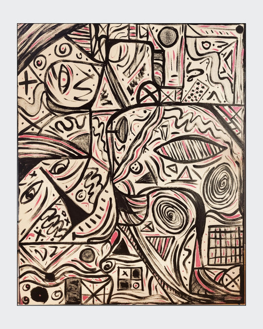 Abstraktes Acrylgemälde von Sandra Conrad im Hochformat mit schwarzen grafischen Linien, stilisierten Gesichtern, Symbolen und zarten roséfarbenen Akzenten auf hellem Hintergrund, Acryl auf Leinwand, 100 x 80 cm, ungerahmt.