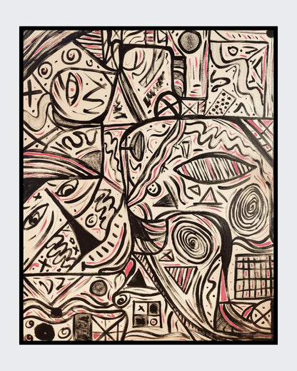 Abstraktes Acrylgemälde von Sandra Conrad im Hochformat mit schwarzen grafischen Linien, stilisierten Gesichtern, Symbolen und zarten roséfarbenen Akzenten auf hellem Hintergrund, Acryl auf Leinwand, 100 x 80 cm, ungerahmt.