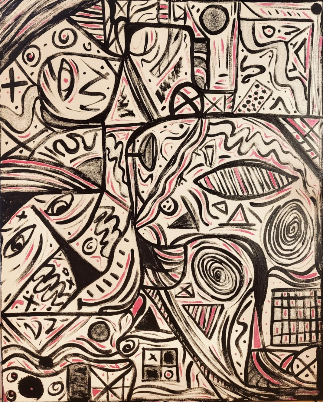 Abstraktes Acrylgemälde von Sandra Conrad im Hochformat mit schwarzen grafischen Linien, stilisierten Gesichtern, Symbolen und zarten roséfarbenen Akzenten auf hellem Hintergrund, Acryl auf Leinwand, 100 x 80 cm, ungerahmt.
