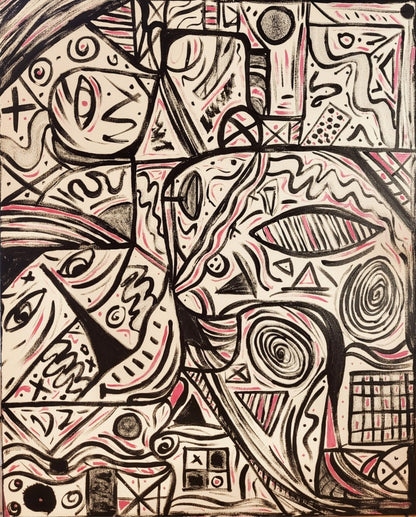 Abstraktes Acrylgemälde von Sandra Conrad im Hochformat mit schwarzen grafischen Linien, stilisierten Gesichtern, Symbolen und zarten roséfarbenen Akzenten auf hellem Hintergrund, Acryl auf Leinwand, 100 x 80 cm, ungerahmt.