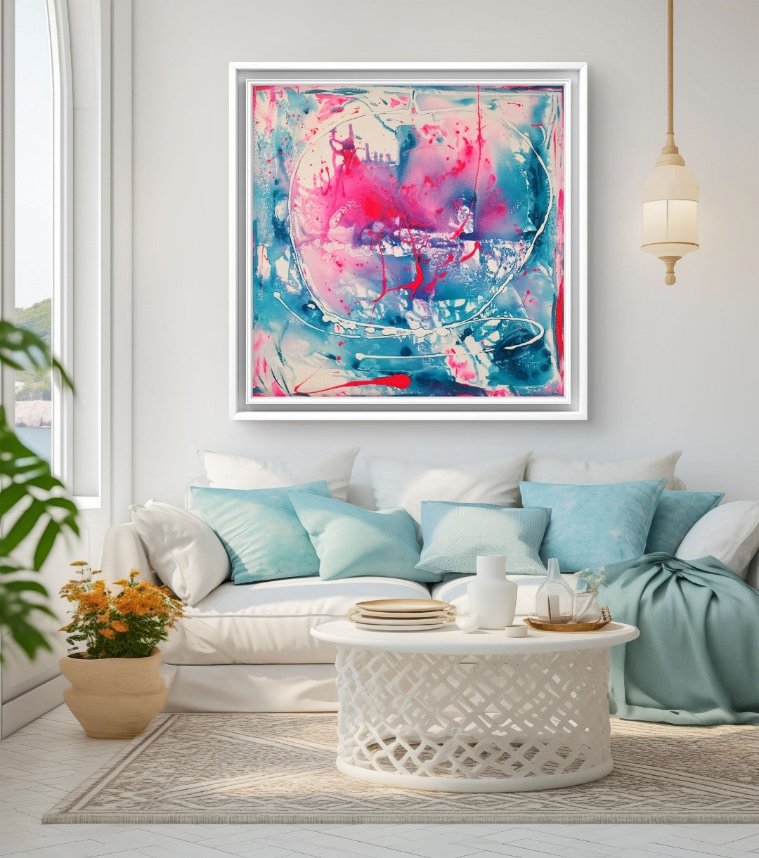 Abstraktes Gemälde von Sandra Conrad in Türkis, Weiß und Neonpink mit fließenden Farbverläufen, dynamischen Linien und Spritzern, Acryl auf Leinwand, 80 x 80 cm, im weißen Rahmen.