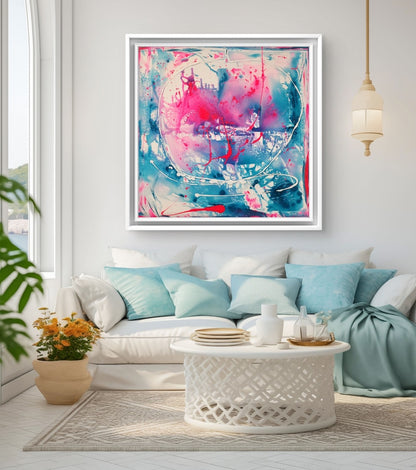 Abstraktes Gemälde von Sandra Conrad in Türkis, Weiß und Neonpink mit fließenden Farbverläufen, dynamischen Linien und Spritzern, Acryl auf Leinwand, 80 x 80 cm, im weißen Rahmen.