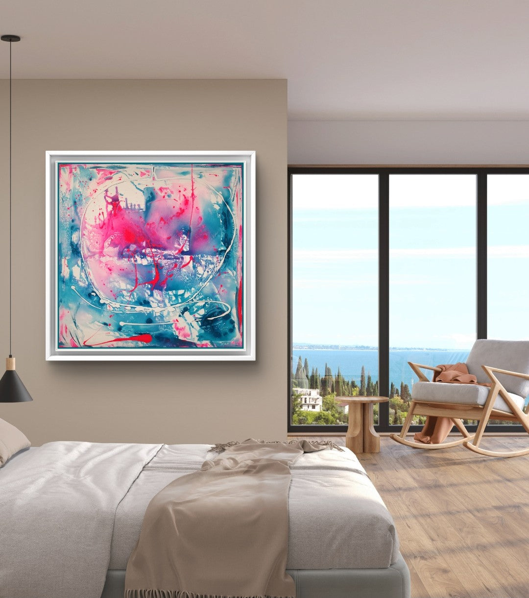 Abstraktes Gemälde von Sandra Conrad in Türkis, Weiß und Neonpink mit fließenden Farbverläufen, dynamischen Linien und Spritzern, Acryl auf Leinwand, 80 x 80 cm, im weißen Rahmen.