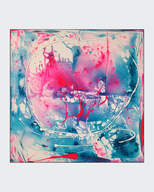 Abstraktes Gemälde von Sandra Conrad in Türkis, Weiß und Neonpink mit fließenden Farbverläufen, dynamischen Linien und Spritzern, Acryl auf Leinwand, 80 x 80 cm, im weißen Rahmen.