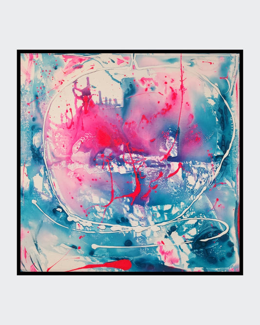 Abstraktes Gemälde von Sandra Conrad in Türkis, Weiß und Neonpink mit fließenden Farbverläufen, dynamischen Linien und Spritzern, Acryl auf Leinwand, 80 x 80 cm, im weißen Rahmen.