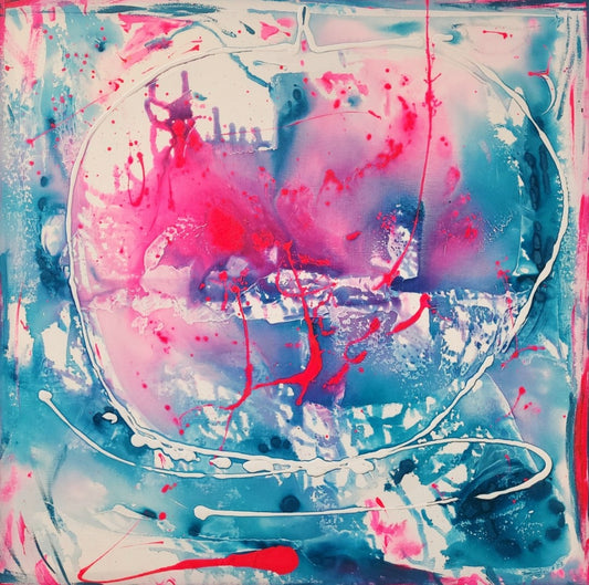 Abstraktes Gemälde von Sandra Conrad in Türkis, Weiß und Neonpink mit fließenden Farbverläufen, dynamischen Linien und Spritzern, Acryl auf Leinwand, 80 x 80 cm, im weißen Rahmen.