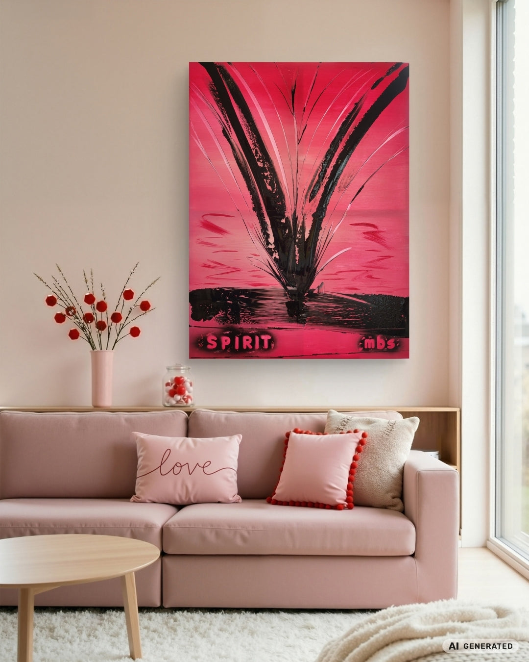 Expressive Acrylmalerei „Ungezähmter Spirit“ von Sandra Conrad in Magenta, Pink, Violett und Schwarz mit türkisen Akzenten und dem Schriftzug SPIRIT.