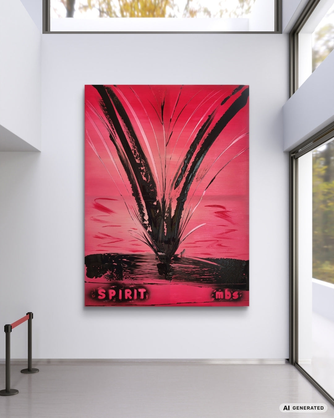 Expressive Acrylmalerei „Ungezähmter Spirit“ von Sandra Conrad in Magenta, Pink, Violett und Schwarz mit türkisen Akzenten und dem Schriftzug SPIRIT.