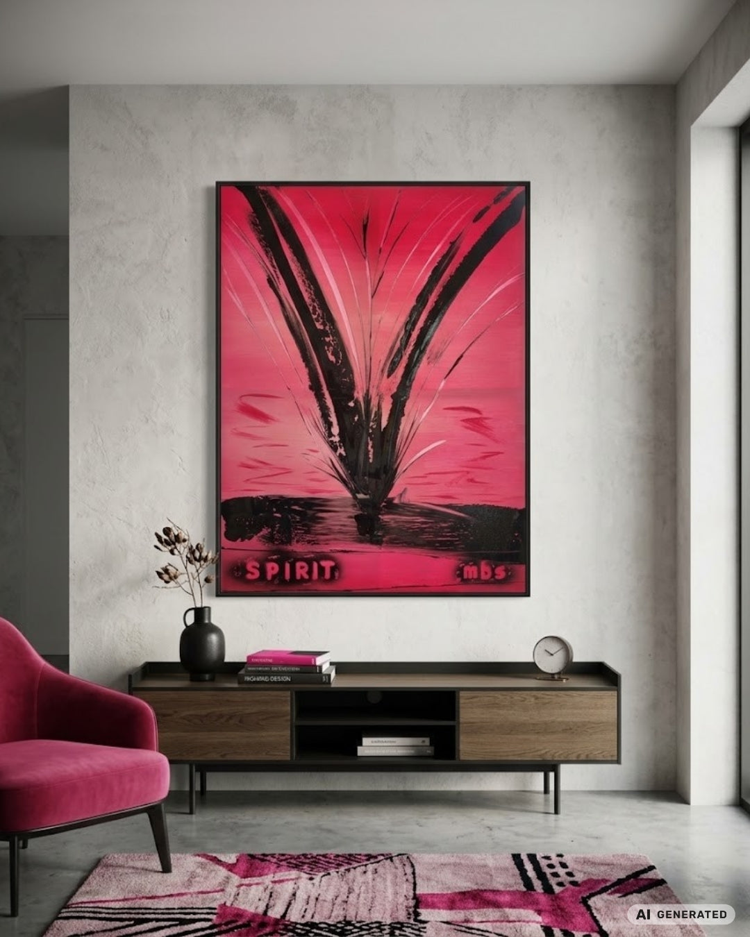 Expressive Acrylmalerei „Ungezähmter Spirit“ von Sandra Conrad in Magenta, Pink, Violett und Schwarz mit türkisen Akzenten und dem Schriftzug SPIRIT.