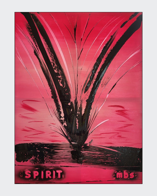 Expressive Acrylmalerei „Ungezähmter Spirit“ von Sandra Conrad in Magenta, Pink, Violett und Schwarz mit türkisen Akzenten und dem Schriftzug SPIRIT.