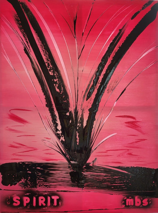 Expressive Acrylmalerei „Ungezähmter Spirit“ von Sandra Conrad in Magenta, Pink, Violett und Schwarz mit türkisen Akzenten und dem Schriftzug SPIRIT.