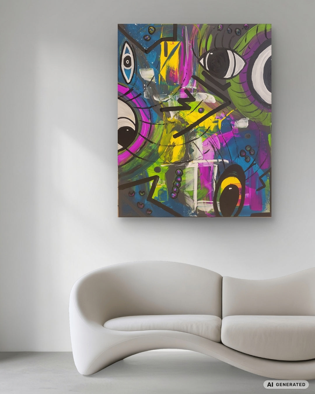 Expressiv-figurative Acrylmalerei „Vibrant Rhythm“ von Sandra Conrad mit fragmentierten Gesichtern und markanten Augen in Pink, Grün, Gelb, Blau und Violett.