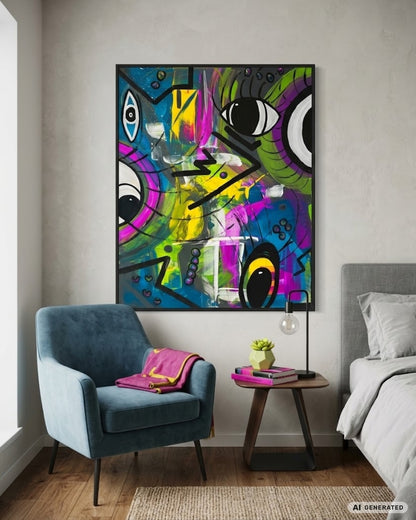 Expressiv-figurative Acrylmalerei „Vibrant Rhythm“ von Sandra Conrad mit fragmentierten Gesichtern und markanten Augen in Pink, Grün, Gelb, Blau und Violett.