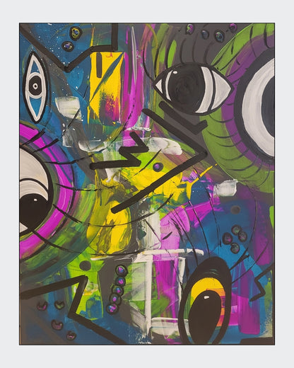 Expressiv-figurative Acrylmalerei „Vibrant Rhythm“ von Sandra Conrad mit fragmentierten Gesichtern und markanten Augen in Pink, Grün, Gelb, Blau und Violett.