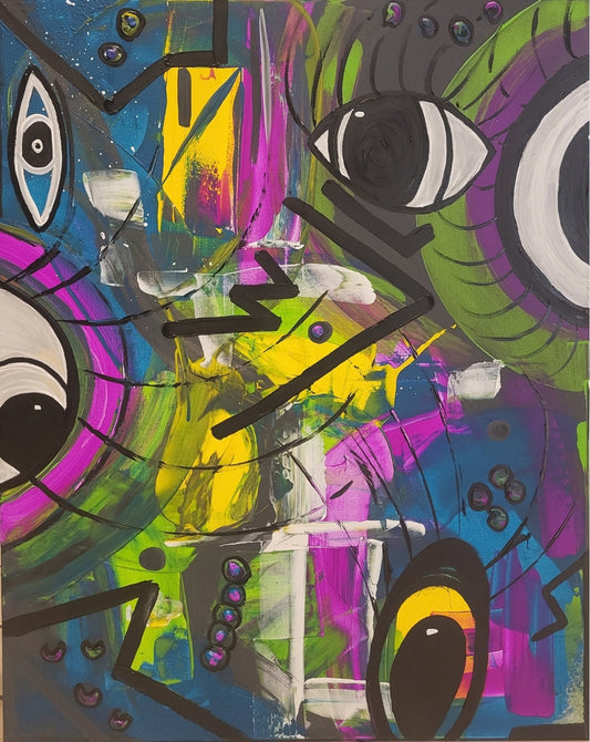 Expressiv-figurative Acrylmalerei „Vibrant Rhythm“ von Sandra Conrad mit fragmentierten Gesichtern und markanten Augen in Pink, Grün, Gelb, Blau und Violett.
