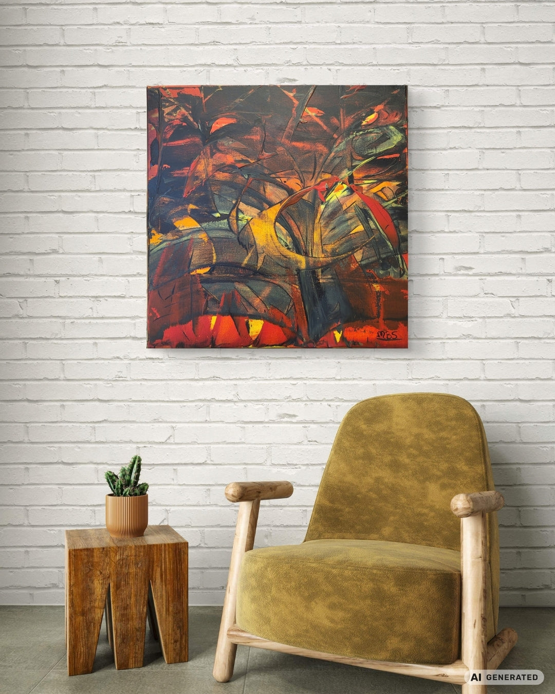 Expressive Acrylmalerei „Vogel Tanz“ von Sandra Conrad mit stilisierten Vogelformen in Rot, Orange und Gelb vor einem dunklen Hintergrund.