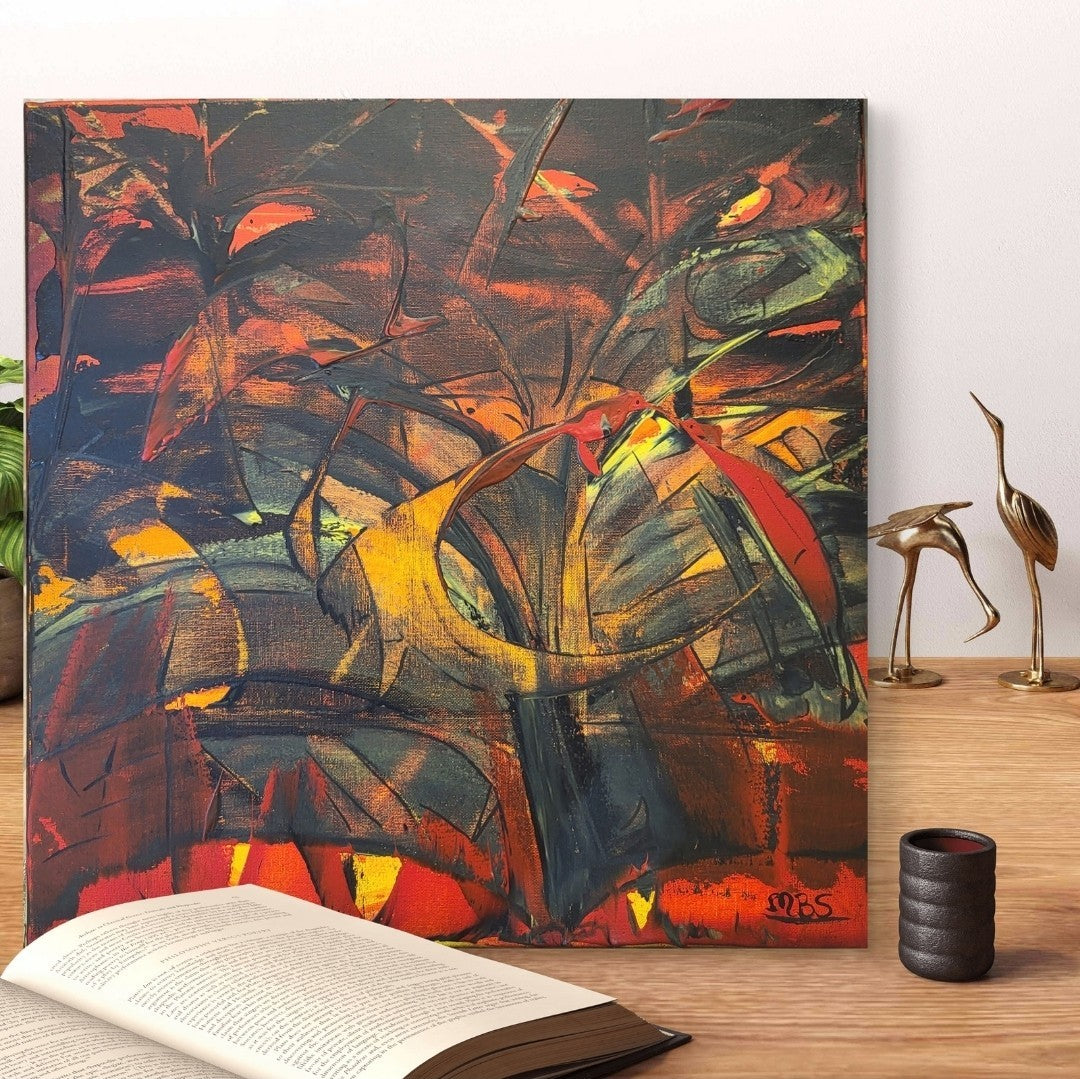 Expressive Acrylmalerei „Vogel Tanz“ von Sandra Conrad mit stilisierten Vogelformen in Rot, Orange und Gelb vor einem dunklen Hintergrund.