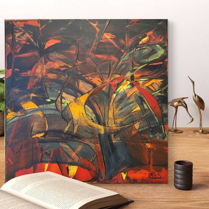 Expressive Acrylmalerei „Vogel Tanz“ von Sandra Conrad mit stilisierten Vogelformen in Rot, Orange und Gelb vor einem dunklen Hintergrund.