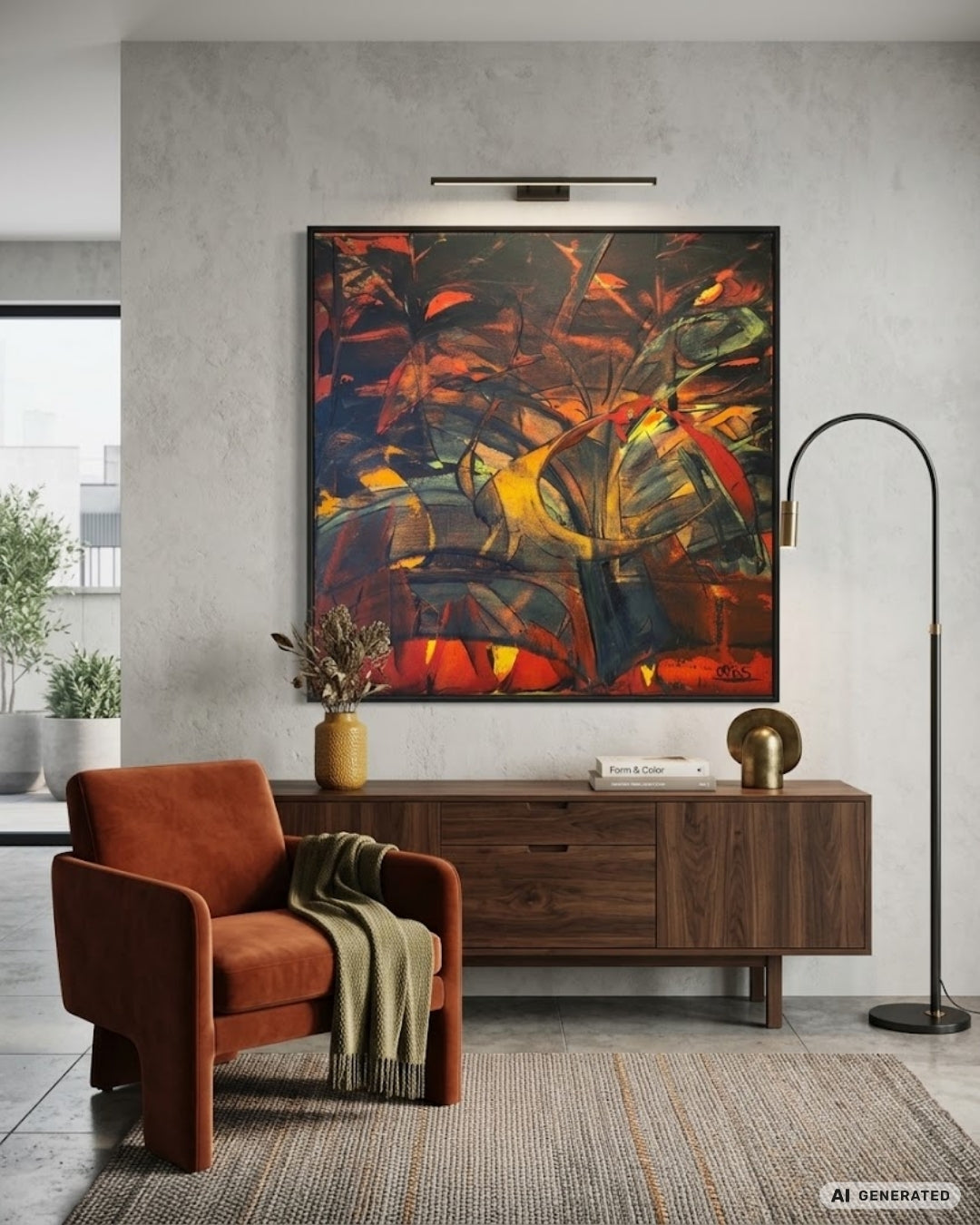Expressive Acrylmalerei „Vogel Tanz“ von Sandra Conrad mit stilisierten Vogelformen in Rot, Orange und Gelb vor einem dunklen Hintergrund.