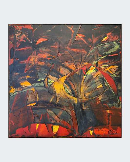 Expressive Acrylmalerei „Vogel Tanz“ von Sandra Conrad mit stilisierten Vogelformen in Rot, Orange und Gelb vor einem dunklen Hintergrund.