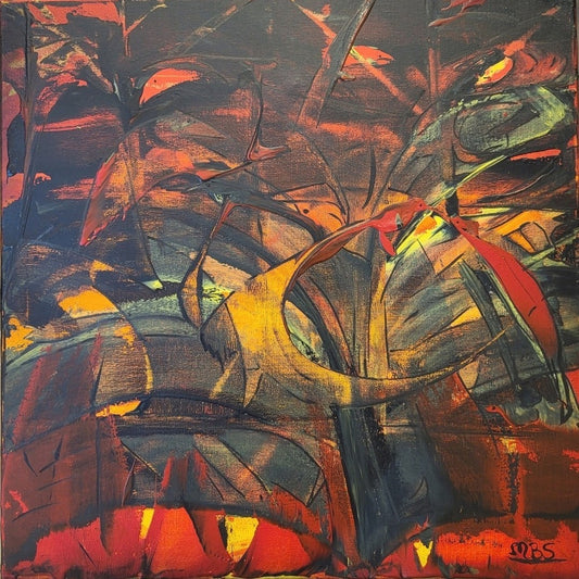 Expressive Acrylmalerei „Vogel Tanz“ von Sandra Conrad mit stilisierten Vogelformen in Rot, Orange und Gelb vor einem dunklen Hintergrund.