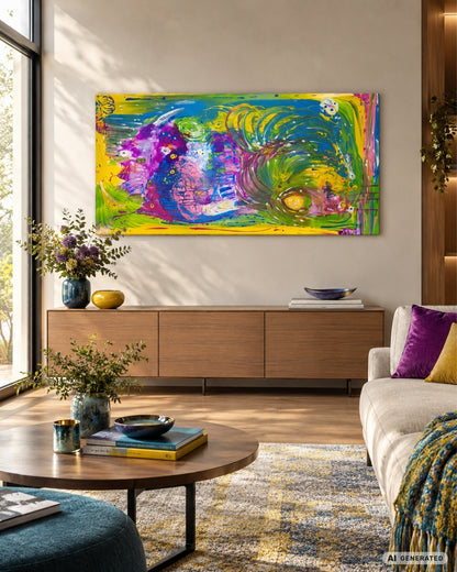 Großformatige Acrylmalerei „Water Life“ von Sandra Conrad mit Fluid-Art-Strukturen in Grün, Ozeanblau, Magenta, Gelb und Weiß.