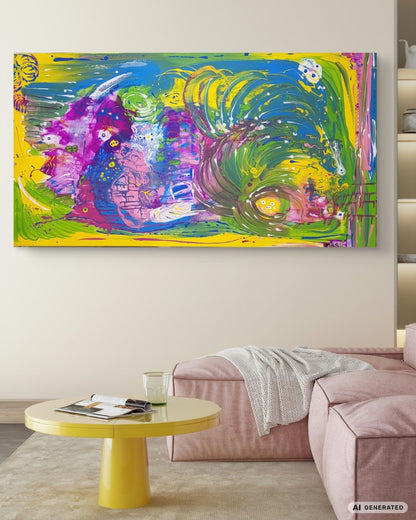 Großformatige Acrylmalerei „Water Life“ von Sandra Conrad mit Fluid-Art-Strukturen in Grün, Ozeanblau, Magenta, Gelb und Weiß.