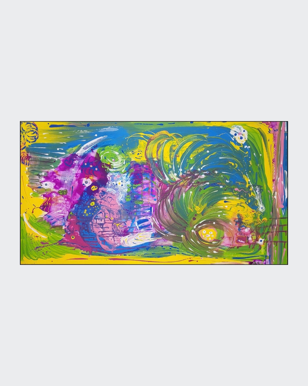 Großformatige Acrylmalerei „Water Life“ von Sandra Conrad mit Fluid-Art-Strukturen in Grün, Ozeanblau, Magenta, Gelb und Weiß.