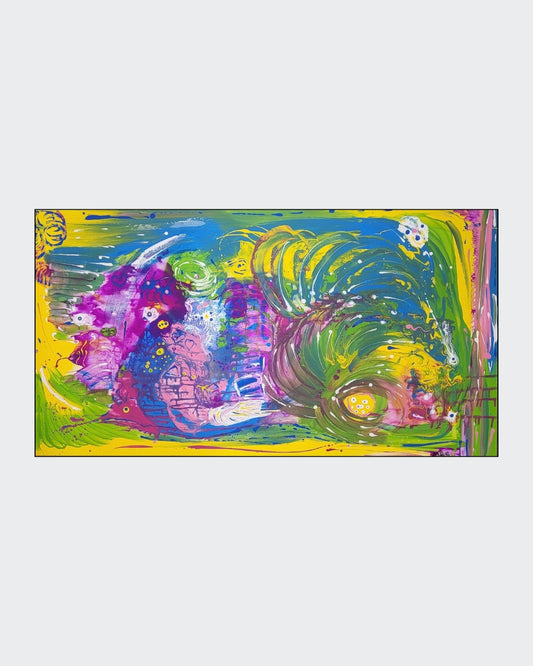 Großformatige Acrylmalerei „Water Life“ von Sandra Conrad mit Fluid-Art-Strukturen in Grün, Ozeanblau, Magenta, Gelb und Weiß.