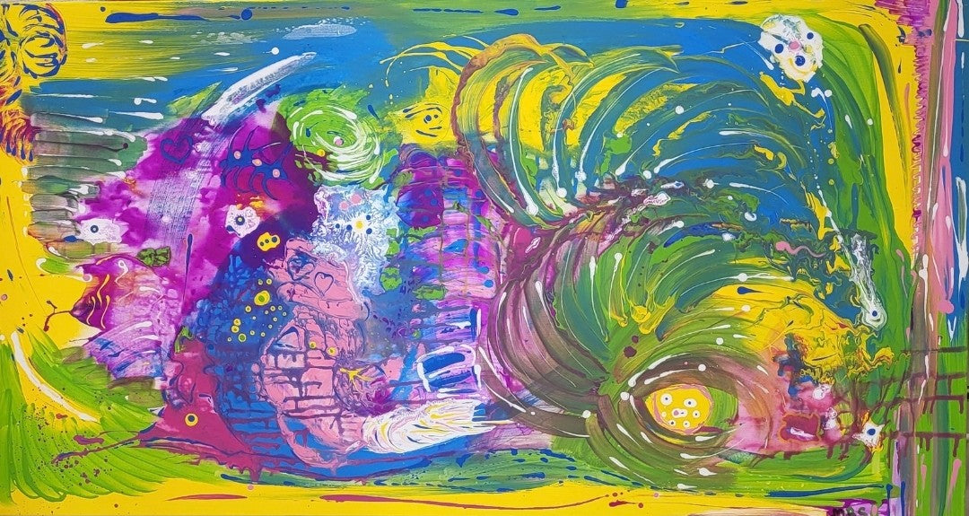 Großformatige Acrylmalerei „Water Life“ von Sandra Conrad mit Fluid-Art-Strukturen in Grün, Ozeanblau, Magenta, Gelb und Weiß.