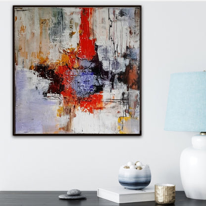 “Emotionen” von Sigrid Bautze-Klinder, 50 x 50 cm, Acryl auf Leinwand. Abstrakte Komposition in Weiß-, Rot-, Orange-, Blau- und Brauntönen. Scharfe Linien, Tropfen und Farbblöcke thematisieren menschliche Emotionen. Bei ARTSPACER Kunstgalerie.