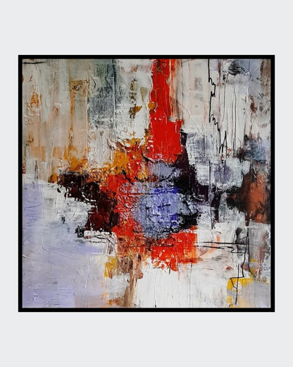 “Emotionen” von Sigrid Bautze-Klinder, 50 x 50 cm, Acryl auf Leinwand. Abstrakte Komposition in Weiß-, Rot-, Orange-, Blau- und Brauntönen. Scharfe Linien, Tropfen und Farbblöcke thematisieren menschliche Emotionen. Bei ARTSPACER.