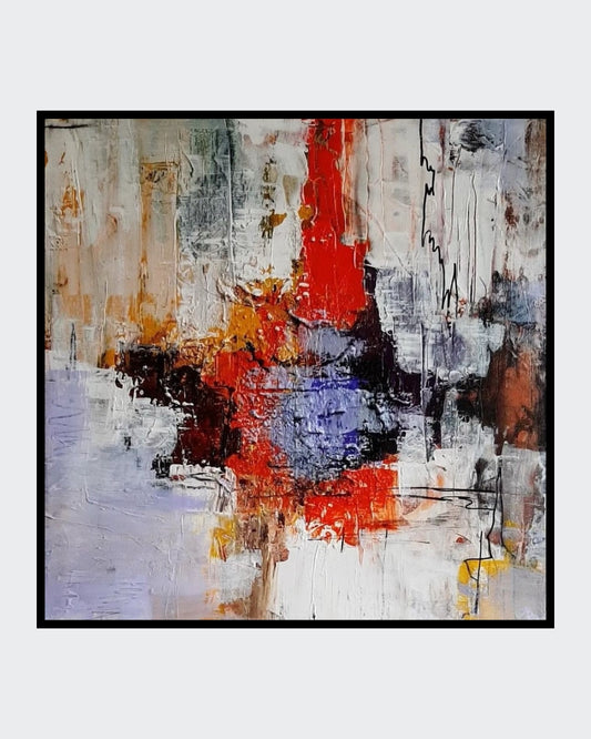 “Emotionen” von Sigrid Bautze-Klinder, 50 x 50 cm, Acryl auf Leinwand. Abstrakte Komposition in Weiß-, Rot-, Orange-, Blau- und Brauntönen. Scharfe Linien, Tropfen und Farbblöcke thematisieren menschliche Emotionen. Bei ARTSPACER.