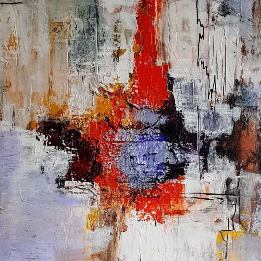 “Emotionen” von Sigrid Bautze-Klinder, 50 x 50 cm, Acryl auf Leinwand. Abstrakte Komposition in Weiß-, Rot-, Orange-, Blau- und Brauntönen. Scharfe Linien, Tropfen und Farbblöcke thematisieren menschliche Emotionen. Bei ARTSPACER.