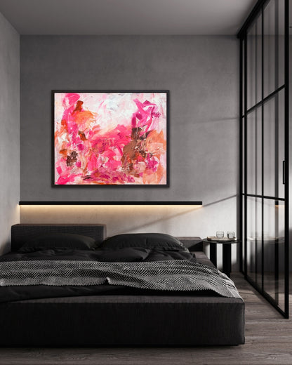 Abstraktes Acrylgemälde „Sommerflimmern“ von Sigrid Bautze-Klinder in Pink-, Rot- und Orangetönen auf Leinwand, 90 x 110 cm. ARTSPACER