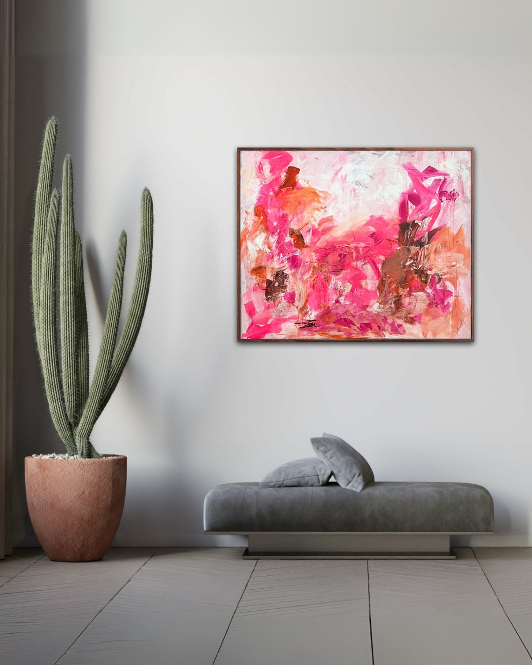 Abstraktes Acrylgemälde „Sommerflimmern“ von Sigrid Bautze-Klinder in Pink-, Rot- und Orangetönen auf Leinwand, 90 x 110 cm.
